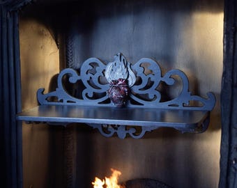 Gothic Wall Shelf with Heart and Flames – Dark Handmade Decor with Barbed Wire