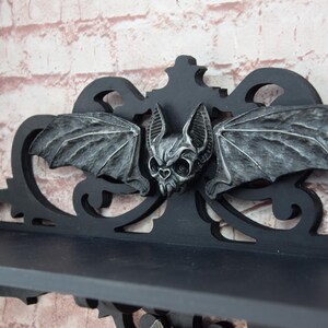 Gothic Black Wall Shelf With Skull and Bat Wings – Carved Wooden ...