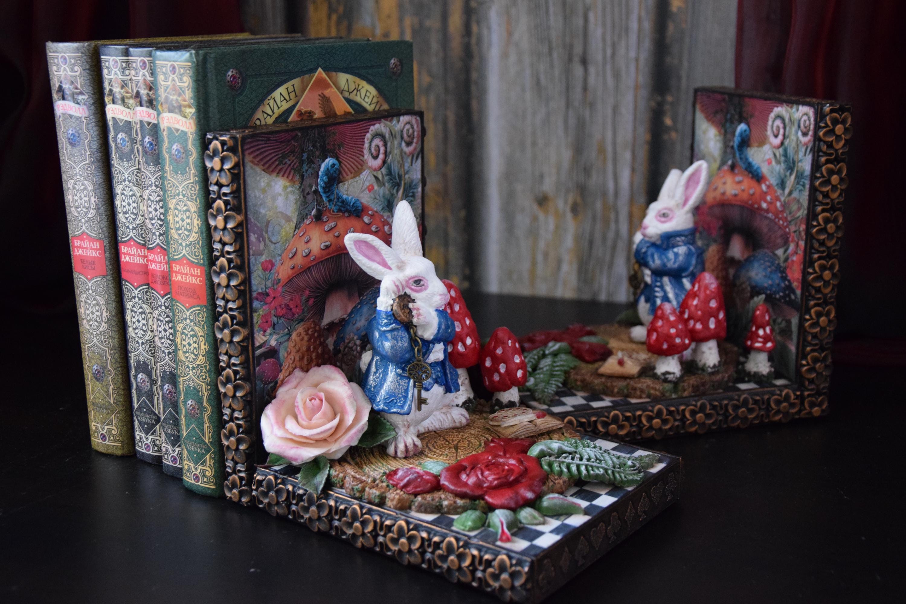 アンティーク雑貨 alice in wonderland Alice in Wonderland Bookends: Handmade Oak White Rabbit Decor - Etsy