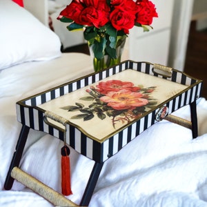 Gift for her Wooden bed tray in floral design Morning coffee trays Folding Tray with legs Breakfast Red flowers host or hostess gifts