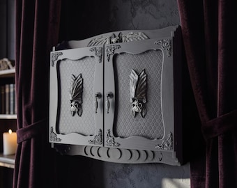 Gothic Jewelry Cabinet, Wall Mounted Wooden Armoire with Mirror, Bat Decor, 55 Hooks, Bracelet Holder, Handmade Organizer