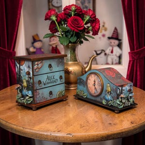 Alice in Wonderland Decor Set: Handmade Jewelry Box & Mantel Clock