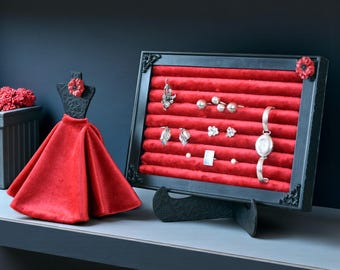 Jewelry Organizer with Mannequin – Display Stand for Earrings Necklaces with Red Velvet Vanity Decor Jewelry Displays Gothic Jewelry Holder