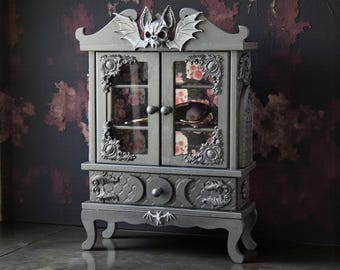 Black Gothic Cabinet with Bat Skull, Apothecary Storage with Glass Doors, Witchy Mystical Decor  Interior Dark Academia Gift for her