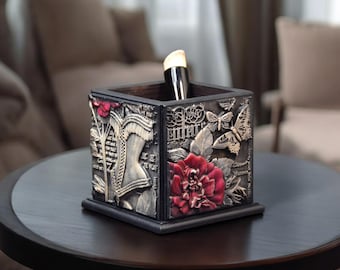 Wooden Makeup Brush Holder – Gothic Desk Organizer with Hand-Painted Bas-Relief, Dark Academia Decor