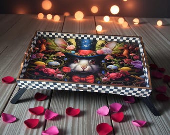 White Rabbit Serving Tray on Legs, Alice in Wonderland Inspired Decorative Tray, Fairytale Gift for Home Unique Fairytale Decor