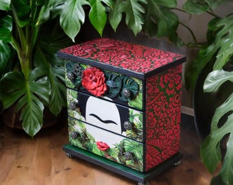 Handmade Wooden Maximalism Jewelry Box – Mini Dresser with Drawers, Volumetric Woman Silhouette, Mexican Folk Boho Floral Storage Chest