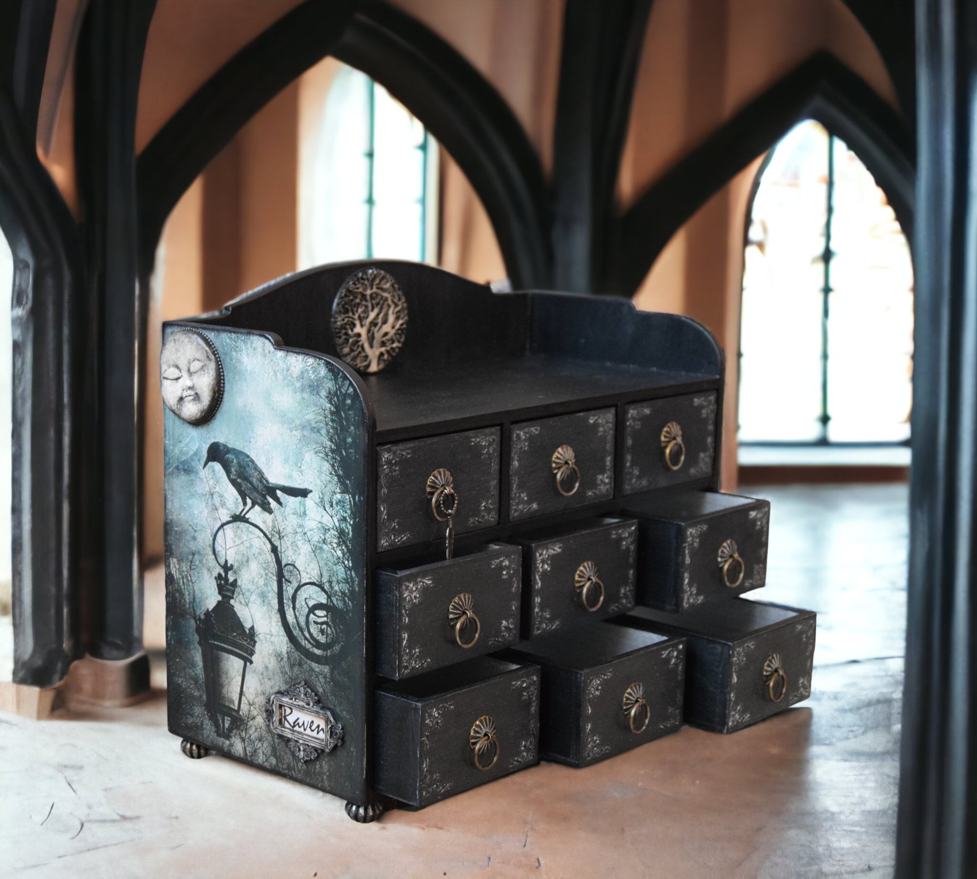 Gothic Home Decor Raven Apothecary Cabinet Tree of Life Witchcraft