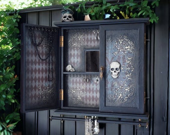 Gothic Home decor Wall Cabinet with doors Skull decor Skeleton personalized Earrings holder Wall mounted organizer Stand Sugar Skull box