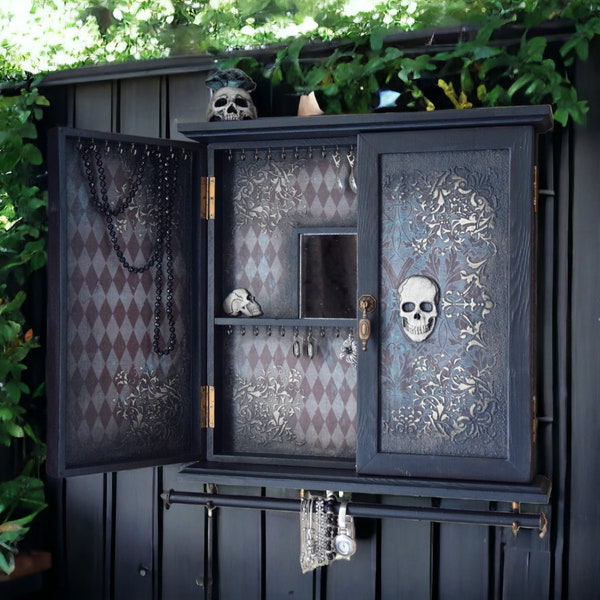 Gothic Home decor Wall Cabinet with doors Skull decor Skeleton personalized Earrings holder Wall mounted organizer Stand Sugar Skull box