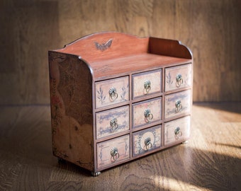 Gabinete de boticario Cajonera Joyero decorativo Mueble gótico Organizador de almacenamiento Armario de madera para joyas Armario de almacenamiento para brujas