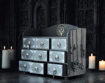 Gothic Jewelry Dresser: Raven Moon Tree of Life Apothecary Cabinet