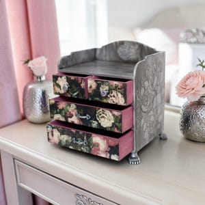 Apothecary Cabinet with Dark Botanical Print, Silver Jewelry Organizer, Large Jewelry Box, Drawer Cabinet, Makeup Storage, Tarot Card Chest