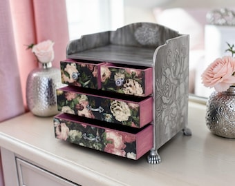 Apothecary Cabinet with Dark Botanical Print, Silver Jewelry Organizer, Large Jewelry Box, Drawer Cabinet, Makeup Storage, Tarot Card Chest