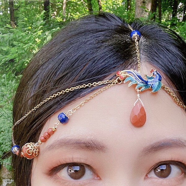 Phoenix gemstone headpiece, Red Jasper Lapis Lazuli headpiece, Jasper Lapis gemstone hair jewelry, Gemstone Forehead circlet head chain