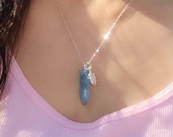 Aqua Aura Sterling silver necklace, Sterling silver gemstone necklace, Sterling silver Leave charm necklace, Aqua crystal point necklace