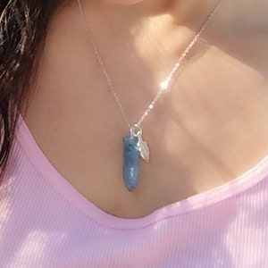 Aqua Aura Sterling silver necklace, Sterling silver gemstone necklace, Sterling silver Leave charm necklace, Aqua crystal point necklace