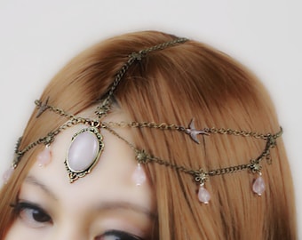 Rose quartz head piece, Forehead chain, Bridal headpiece, Bohemian Head Circlet, Boho style hair jewelry, Gemstone hair accessory, vintage