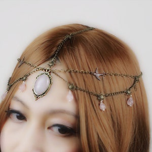 Rose quartz head piece, Forehead chain, Bridal headpiece, Bohemian Head Circlet, Boho style hair jewelry, Gemstone hair accessory, vintage