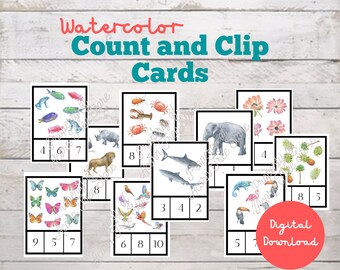 Watercolor Count and Clip Cards