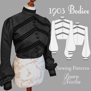 1903 Edwardianisches Mieder, Edwardianisches Hemd, 1900 Mieder, historisches Muster, viktorianisches Muster, schwarzes Edwardianisches Kleid
