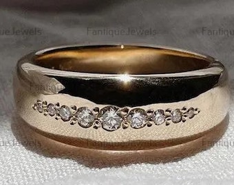 6mm Yellow Gold Mens Wedding Band, Vintage Diamond Women Promise Ring, Celestial  Wide Plain Men's Anniversary Gift