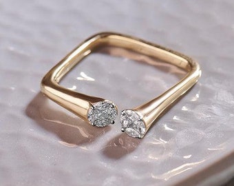 14k Gold Open Cuff Ring: Vintage Square Wedding Band