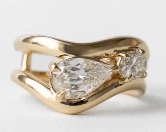 Handmade Pear & Oval Moissanite Ring: Solid Gold Wide Band