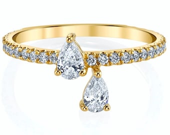 14k Solid Gold Diamond Dangle Ring: Pear Cut Charm Stacking Ring