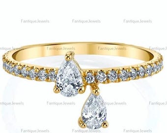 14k Gold Dangling Diamond Ring, Pear Cut Moissanite Diamond Charm Stacking Ring