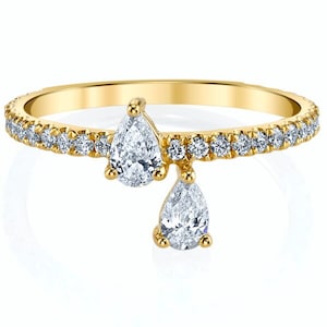 14k Solid Gold Diamond Dangle Ring: Pear Cut Charm Stacking Ring