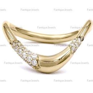 14k gouden V-vormige gebogen trouwring Moissanite Chevron golvende stapelband voor vrouwen unieke golf bijpassende contour V-band