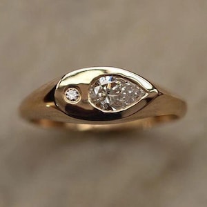 14k Solid Gold Wide Band Moissanite Engagement Ring, Handmade Solid Gold Teardrop Signet Ring for Unique Wedding Gift For Her