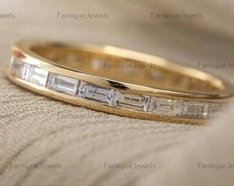 Yellow Gold Channel Set Ring, Half Eternity baguette wedding band, Moissanite wedding Ring