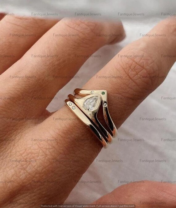 Pear Bezel Set Moissanite Engagement Ring, 14k Yellow Gold Handmade anniversary ring