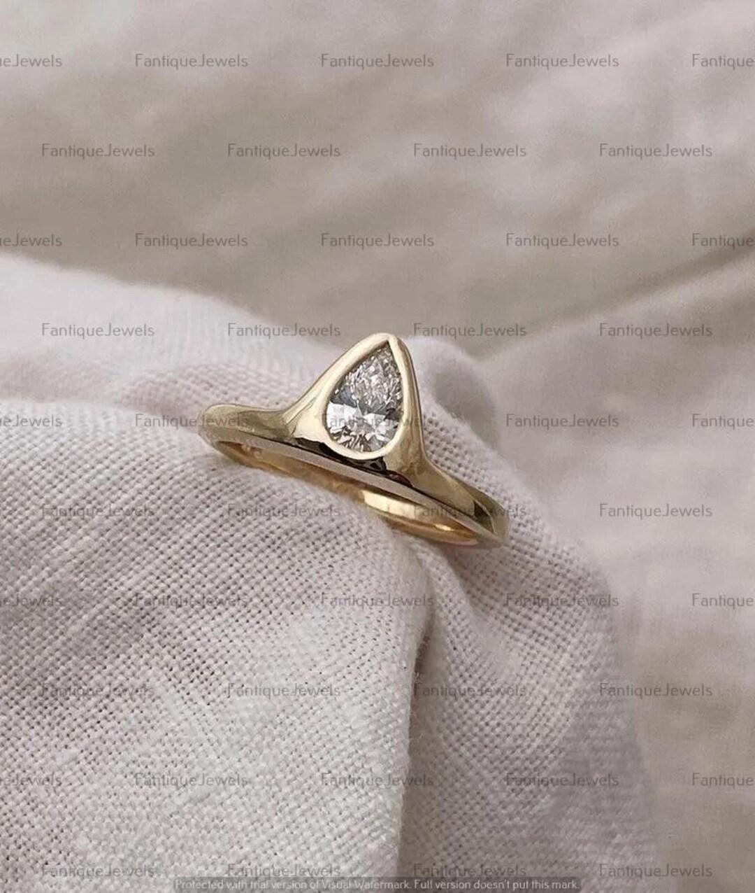 Pear Moissanite Diamond Ring, 14k Yellow Gold Bezel Set, Handmade  Engagement