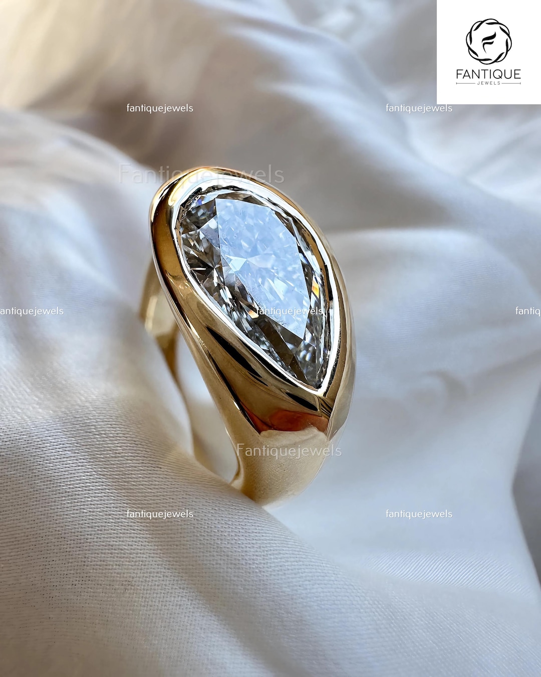 2ct Pear Lab Grown Diamond Ring, 18k Yellow Gold Bezel Set East West ...