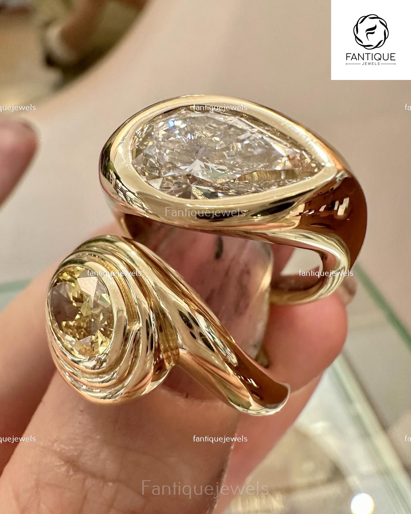 2ct Pear Lab Grown Diamond Ring, 18k Yellow Gold Bezel Set East West ...