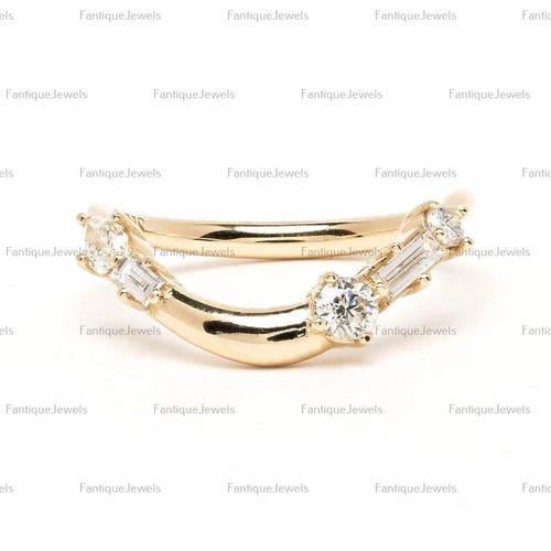 Moissanite Gold Curved Wedding Bands women Bridal Set, Chevron V Contour wishbone Rings, asymmetrical Wedding Band