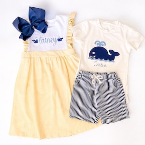Girl&#39;s and Boy&#39;s Matching Monogrammed Ocean Whale Outfit, Girl&#39;s Customized Dress, Boys 2 piece outfit with Shorts, Sibling Set Summer Beach