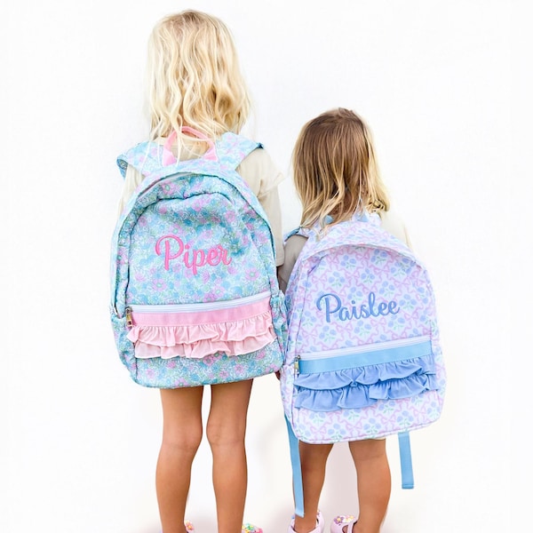 Monogrammed Coquette Backpack: Bow & Flower Ruffle, Nylon, First Day of School