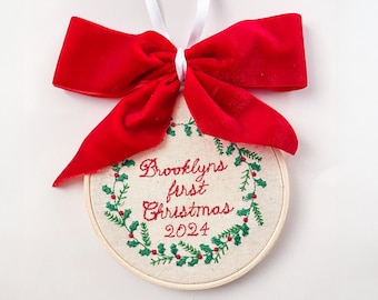 Custom Baby&#39;s First Christmas Embroidery Ornament with Velvet Bow