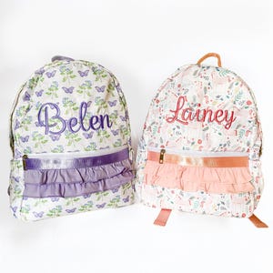 Mochila de unicórnio e borboleta com babados para meninas, mochila com monograma, primeiro dia de aula, jardim de infância, creche, dança, aniversário, festa do pijama