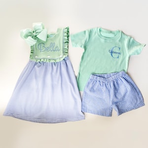 Girl&#39;s and Boy&#39;s Matching Monogrammed Outfits, Girl&#39;s Customized Dress, Boys 2 piece outfit with Shorts, Sibling Set, Family Photos, Gift