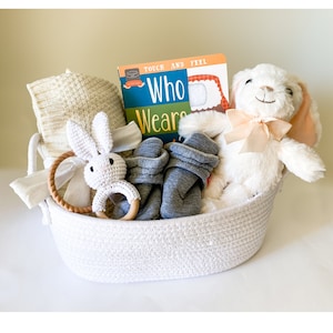 New Baby Gift Basket, Blanket, lovey, booties, book, and tethers. Customizable baby shower gift