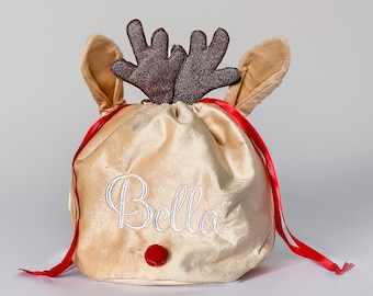 Velvet Reindeer Monogrammed Gift Sack, Drawstring Pouch, Custom Christmas Gift Bag