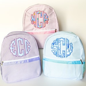 Sac à dos scolaire en seersucker à monogramme pour enfants, à motifs, mignon, retour à l'école, sac de voyage, premier jour d'école, cadeau d'anniversaire