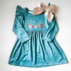 Girls' Christmas Dress: Embroidered Ornament, Personalized Name, Velvet Bow