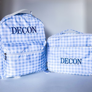 Boy&#39;s Monogrammed Gingham Backpack With Matching Lunch Box, Embroidered, Custom, Back to School, Fashion, Kids