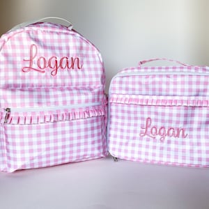 Girl's Monogrammed Gingham Backpack With Matching Lunch Box, Embroidered, Custom, Back to School, Fashion, Kids